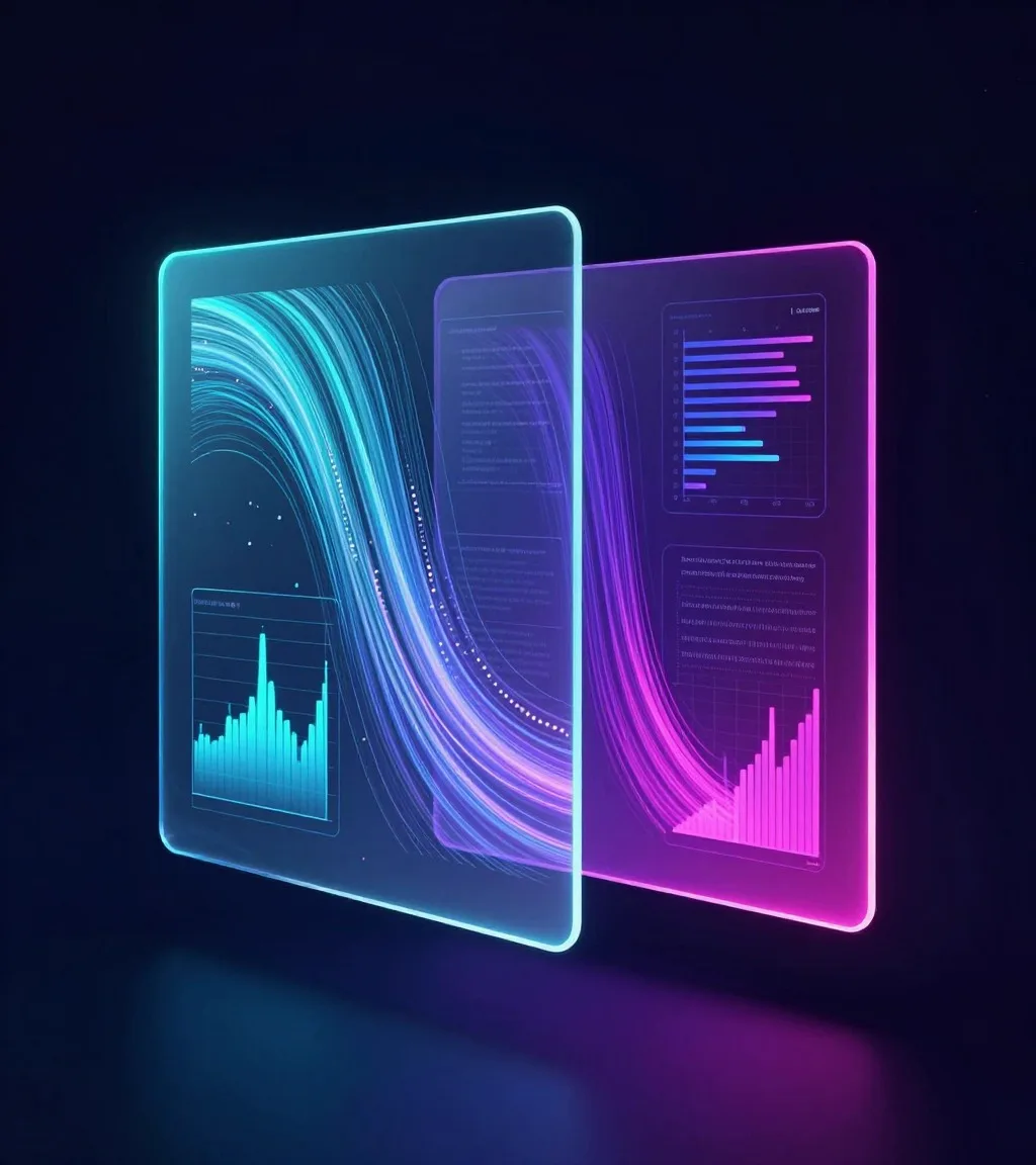 Painéis de dados e interfaces digitais flutuantes, representando dashboards e websites sob medida