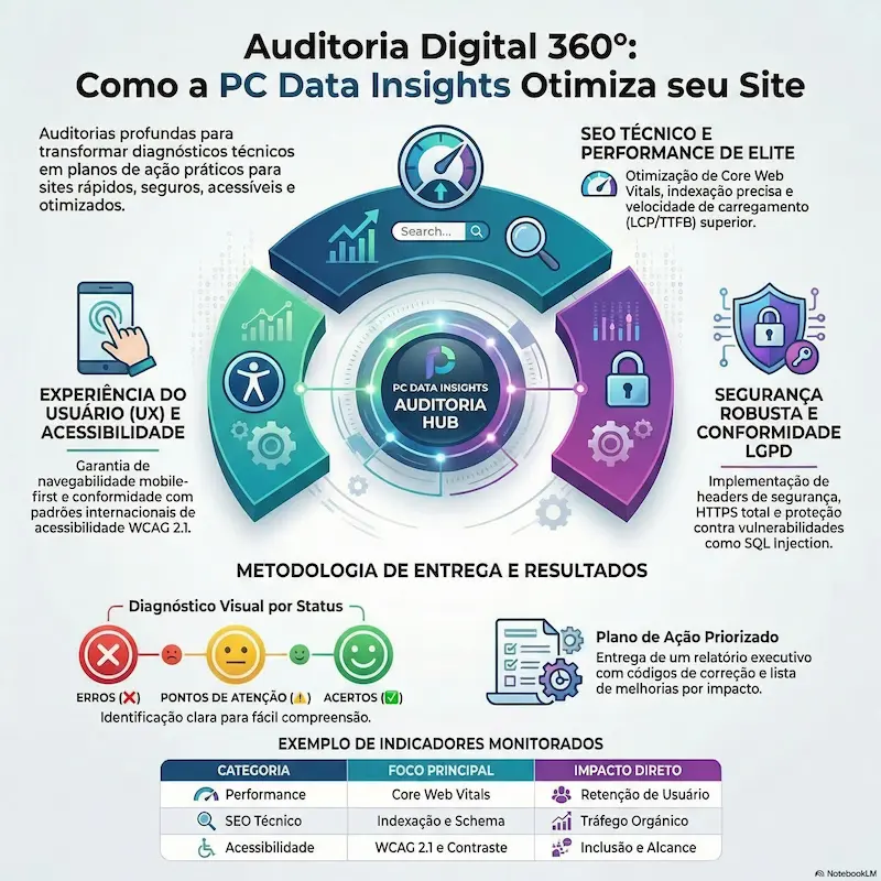 Auditoria profissional de sites — análise técnica em 7 categorias